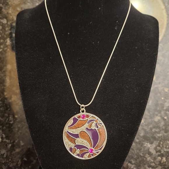 NWT 725 Originals Silver Tone Round Disc Purple Brown Enamel Rhinestone Necklace - Picture 1 of 6